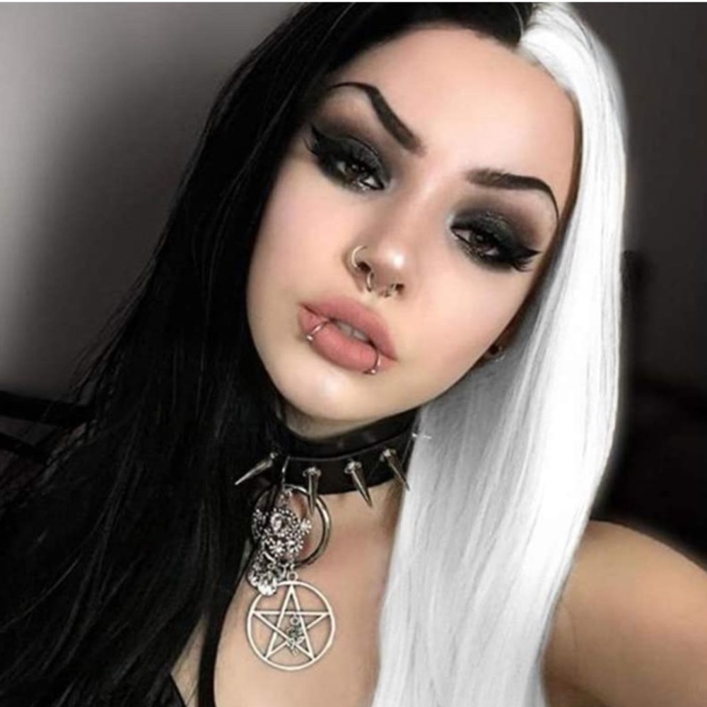 22" BLACK & WHITE SPLIT DYE Full Cap WIG …NEW